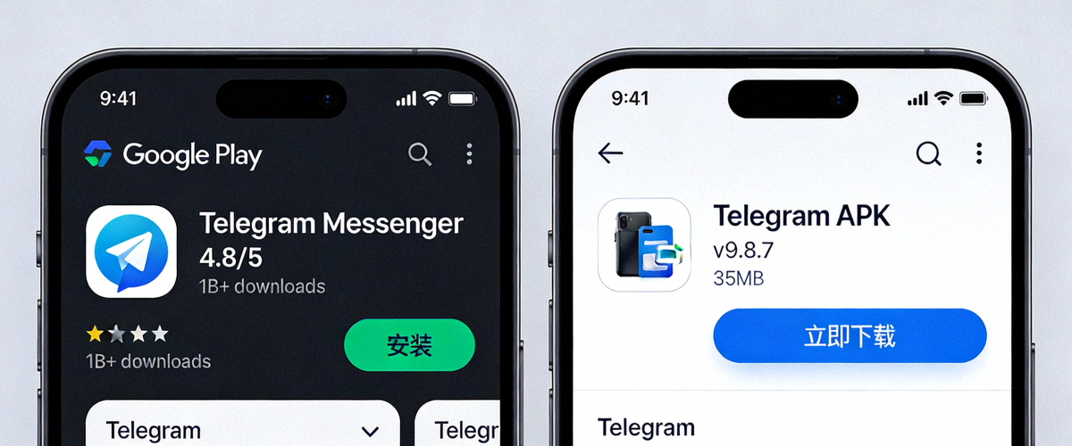 Android手机屏幕上显示Google Play商店和Telegram官方APK下载页面的对比示意图