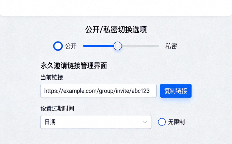 超级群组设置中的公开/私密切换选项及永久邀请链接管理界面