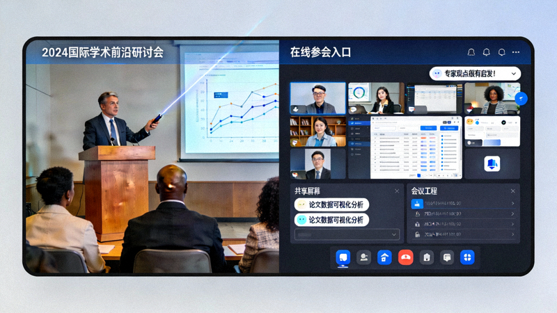 国际学术会议场景及在线研讨会界面的合成图片