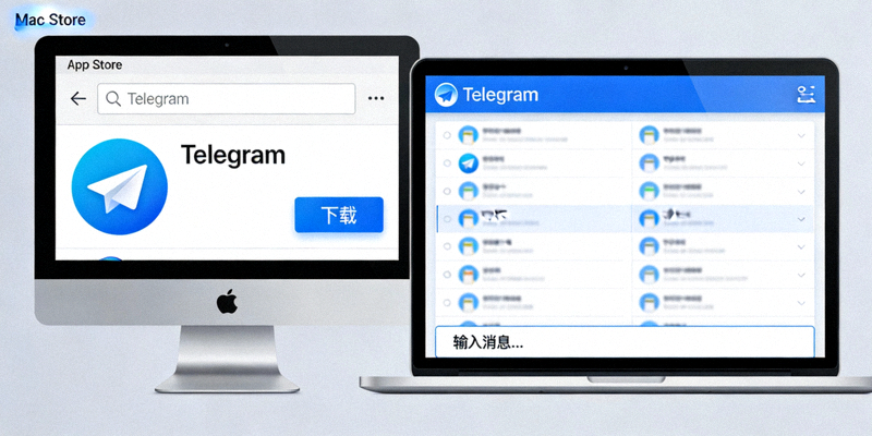 Mac电脑上从App Store下载Telegram以及其简洁主界面的示意图