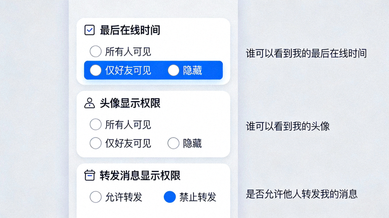 设置最后在线时间、头像、转发消息显示权限的详细选项面板