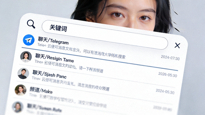 Telegram顶部全局搜索框正在搜索关键词，并显示来自不同聊天和频道的搜索结果