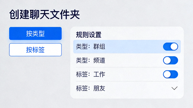 Telegram聊天文件夹创建界面，展示按类型、标签分类的规则设置