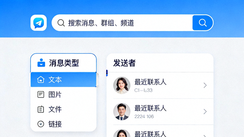 Telegram全局搜索框，展示按消息类型、发送者筛选的高级搜索功能