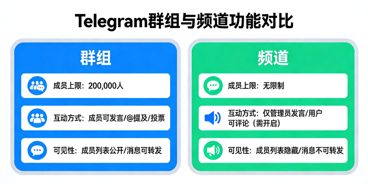 Telegram群组与频道功能对比图表，展示成员上限、互动方式、可见性等核心差异