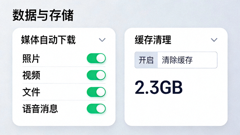 Telegram设置中的数据与存储页面，显示媒体自动下载和缓存清理选项