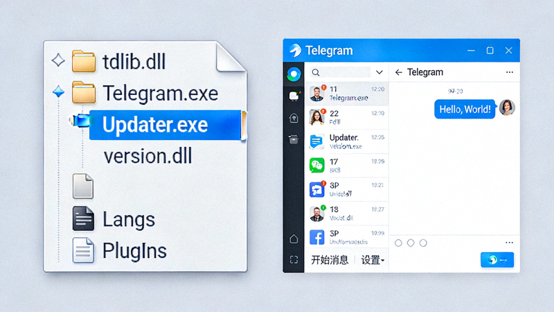 Telegram Windows便携版解压后的文件夹内容及程序主界面截图