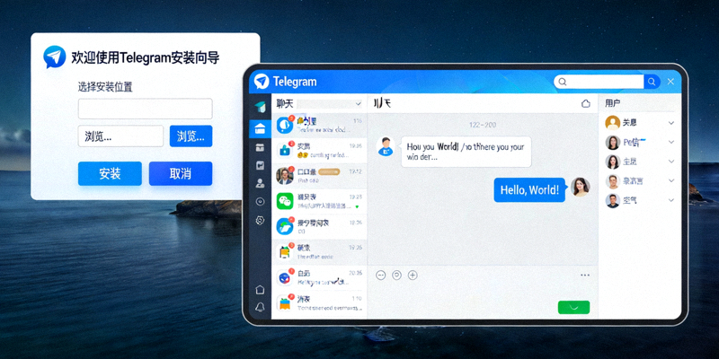 Windows电脑上Telegram桌面客户端的安装向导和主界面截图