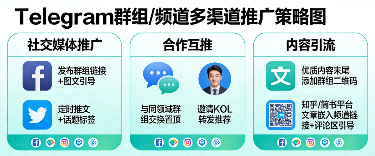 展示多渠道推广Telegram群组或频道的策略图，包括社交媒体、合作互推、内容引流等