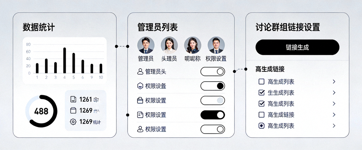 展示频道设置中的数据统计、管理员列表和讨论群组链接设置区域