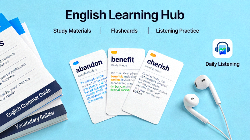 展示英文学习资料、单词卡片和听力素材的频道内容预览