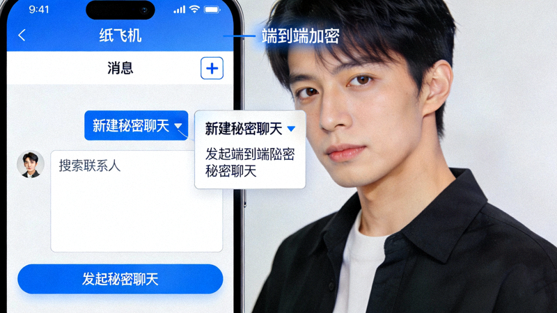 纸飞机中文版中发起端到端加密秘密聊天的操作界面截图