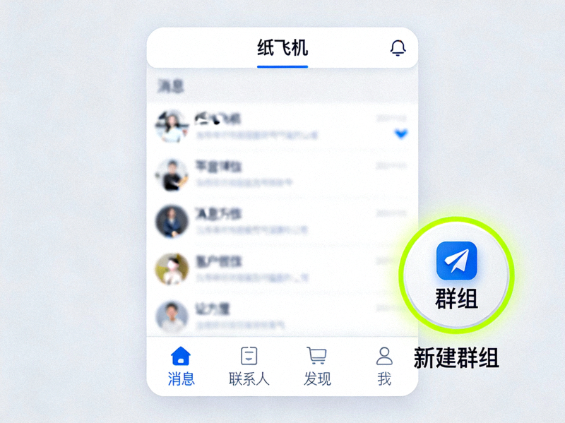 纸飞机中文版主界面，高亮显示新建群组的按钮位置