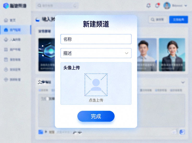 纸飞机中文版新建频道的初始设置界面，展示名称、描述和头像上传区域